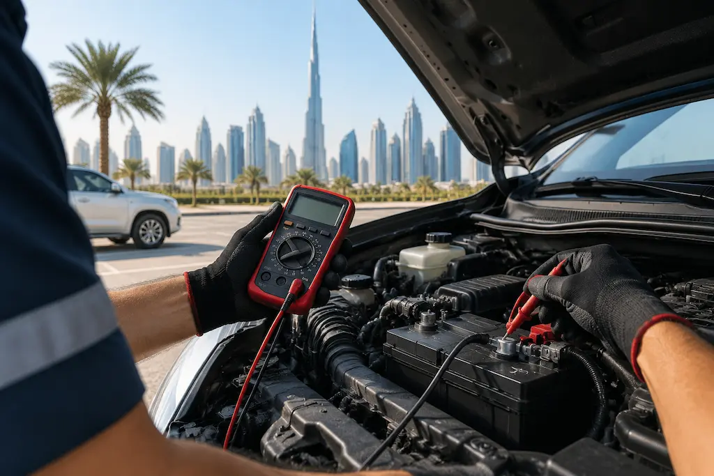Technician testing a car battery voltage with a multimeter in Dubai under the UAE climate conditions