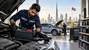 UAE car battery replacement service with a mechanic installing a battery in a vehicle