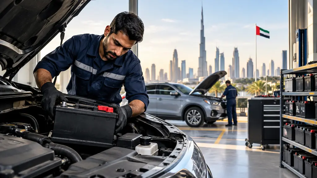 UAE car battery replacement service with a mechanic installing a battery in a vehicle