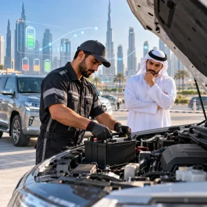 UAE vehicle battery replacement technician checking a car battery in Dubai