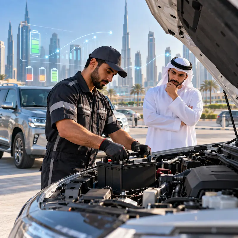 UAE vehicle battery replacement technician checking a car battery in Dubai
