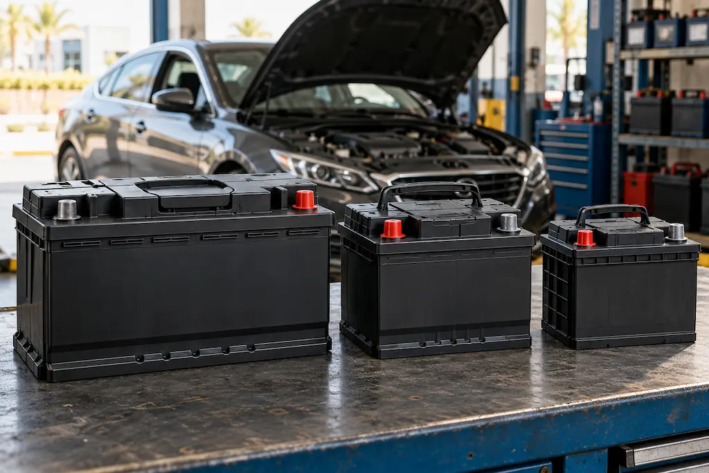 Three car batteries with different sizes and terminal layouts in a workshop.