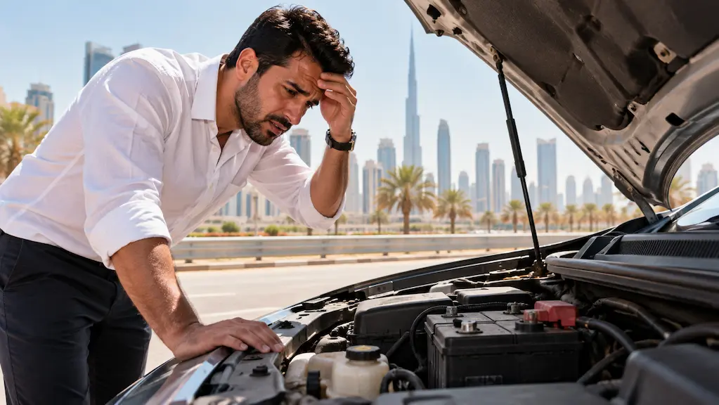 Driver inspecting a car battery under an open hood in Dubai's intense summer heat.