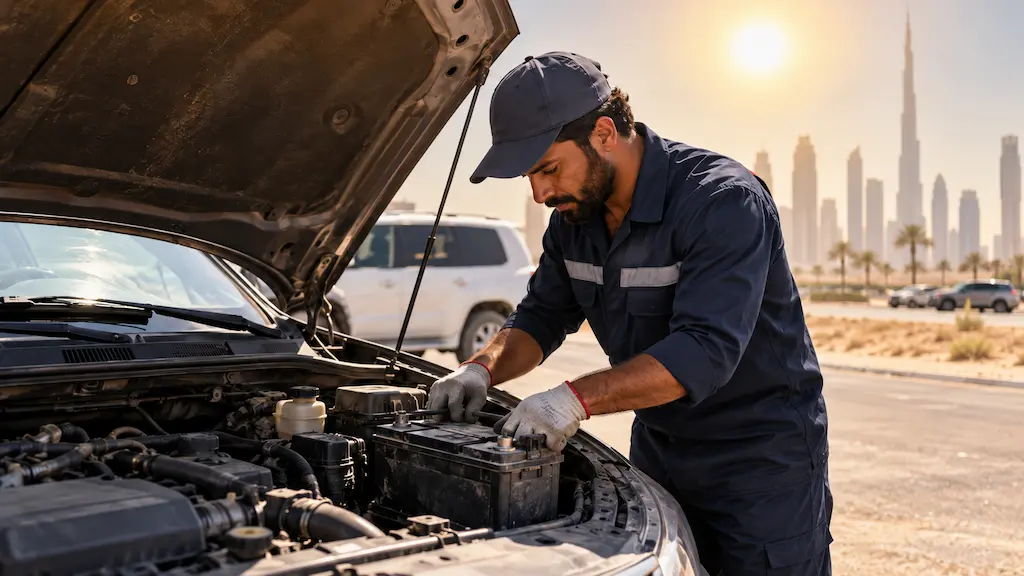 Mechanic replacing a car battery in extreme UAE summer heat.
